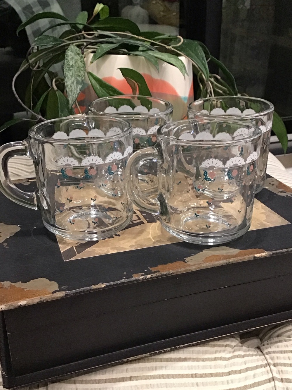 Vintage Dittsey Floral  Glass Mugs Set of 4 stamped 1988